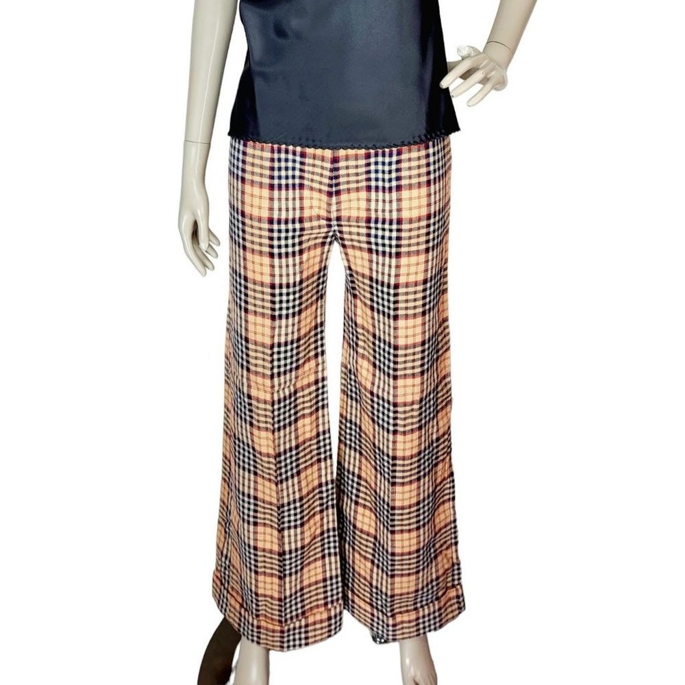 Vintage 70s Bobbie Brooks Brown  Plaid High-Waist Cuffed Bell Bottom Pan…